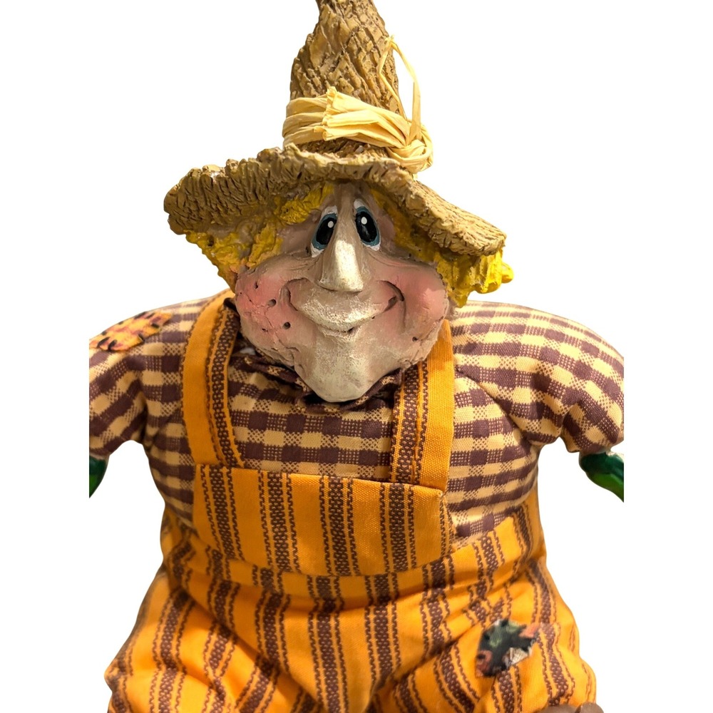 Vintage Scarecrow Doll Fall Harvest Decor Country Folk Art Fabric Resin Face 9"